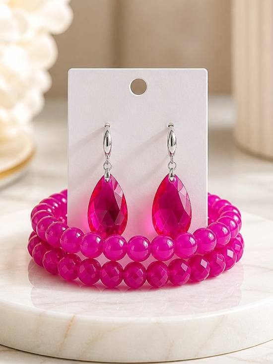 Jewelry - Bold Fuchsia Teardrop Earrings and Beaded Bracelet Set